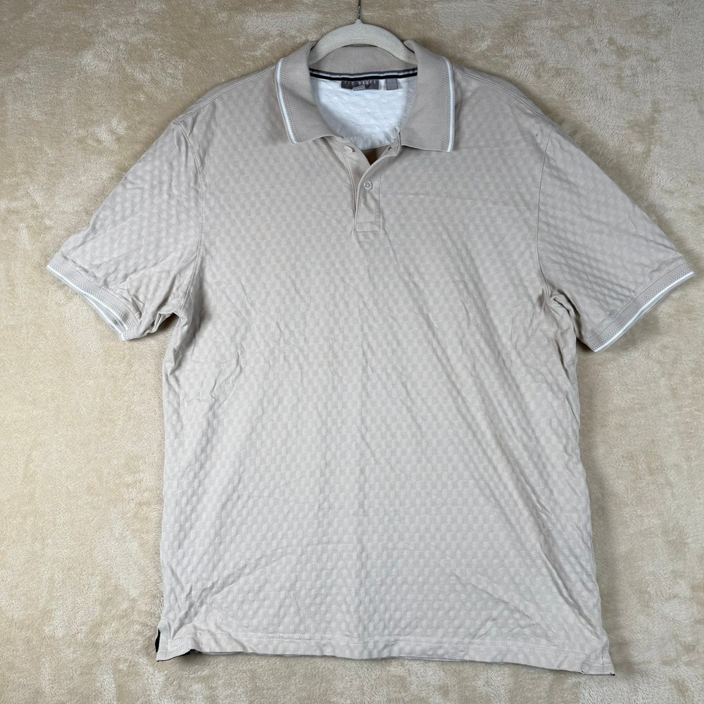 Ted Baker Mens Large Polo Shirt Beige Textured Check Short Sleeve Button Up